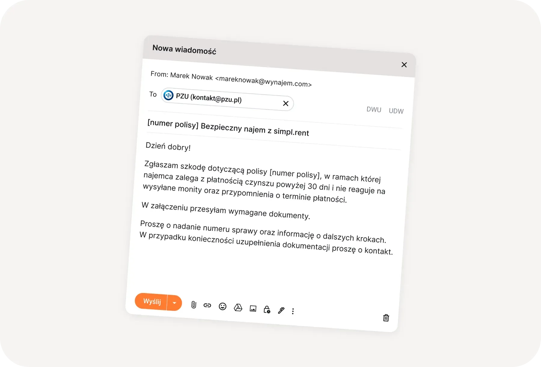 Formularz nowej wiadomości e-mail z gotowym szablonem zgłoszenia szkody do ubezpieczyciela z numerem polisy i prośbą o dalsze instrukcje